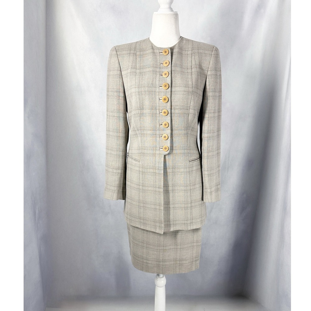Vintage Giorgio Armani Linen Long Line Gray Plaid Skirt Suit Women's Size 6